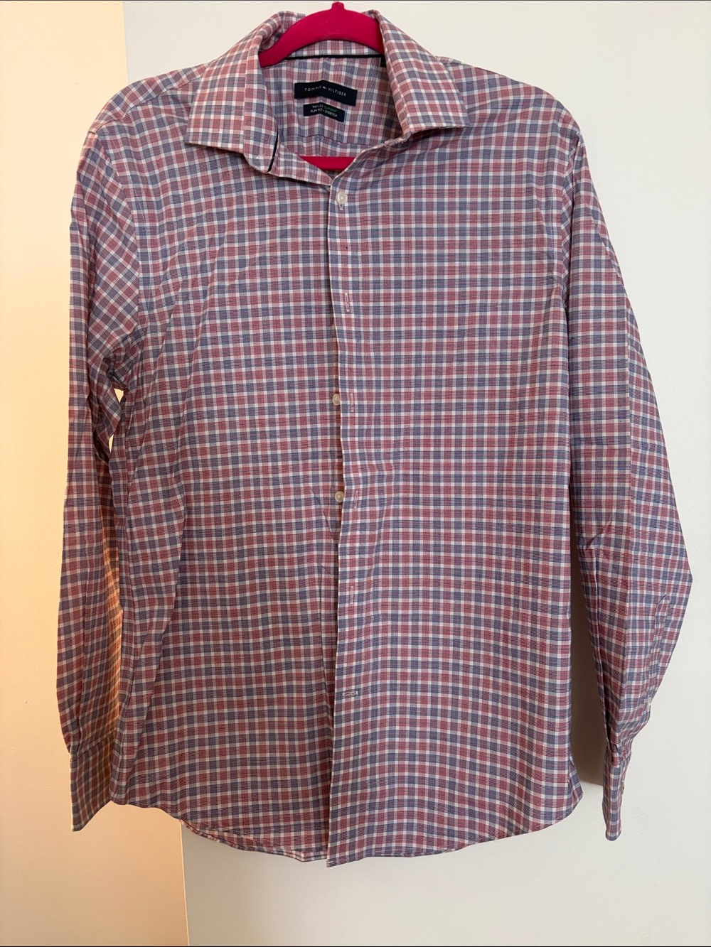 Tommy Hilfiger Pink and Blue Plaid Button-Down Dress Shirt